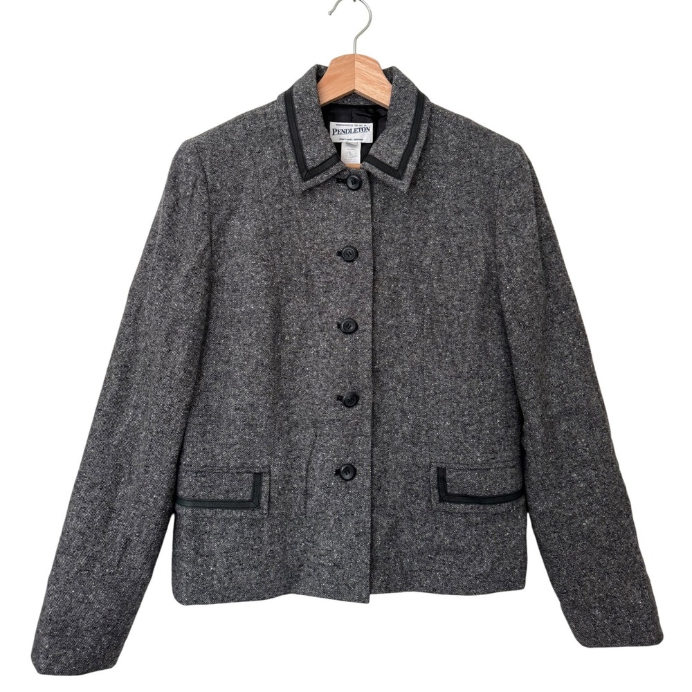 Pendleton Blazer Jacket Gray Lambs Wool Silk Leather Trim Blazer‎ Size 8